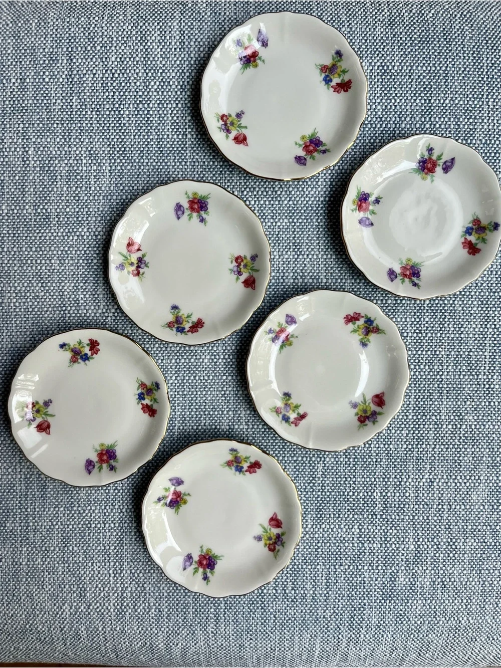 Vintage Butter Pats 6 Flowers Porcelain Gold Gilt Rim Bareuther German Mini